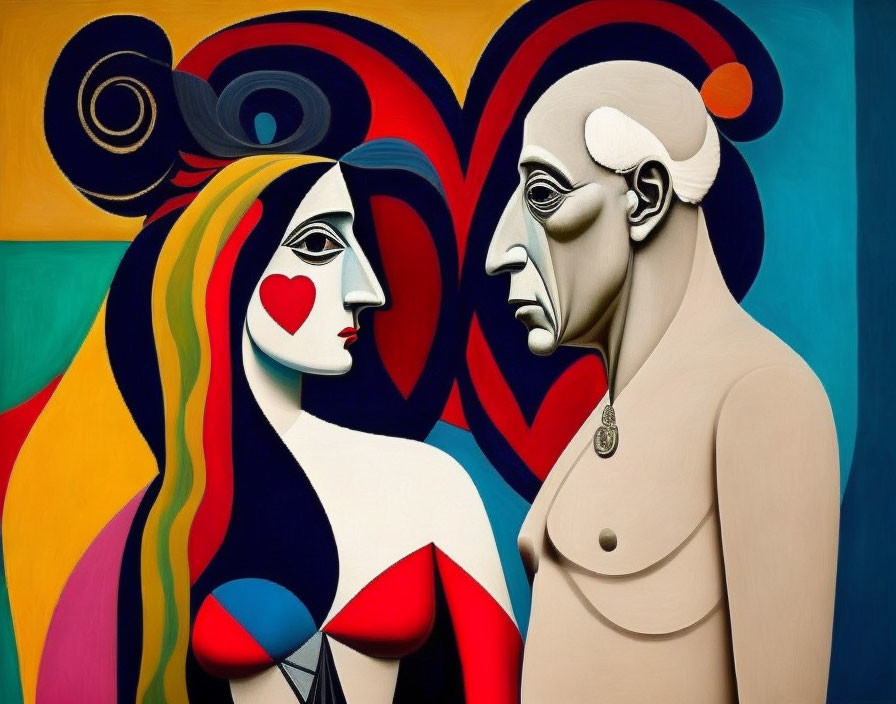 Vibrant abstract painting of stylized figures in cubist style