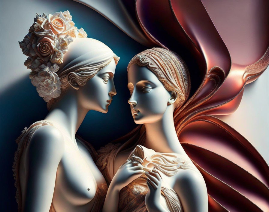 Classical-style statues of female figures in embrace with flowing, ribbon-like forms in surreal depiction