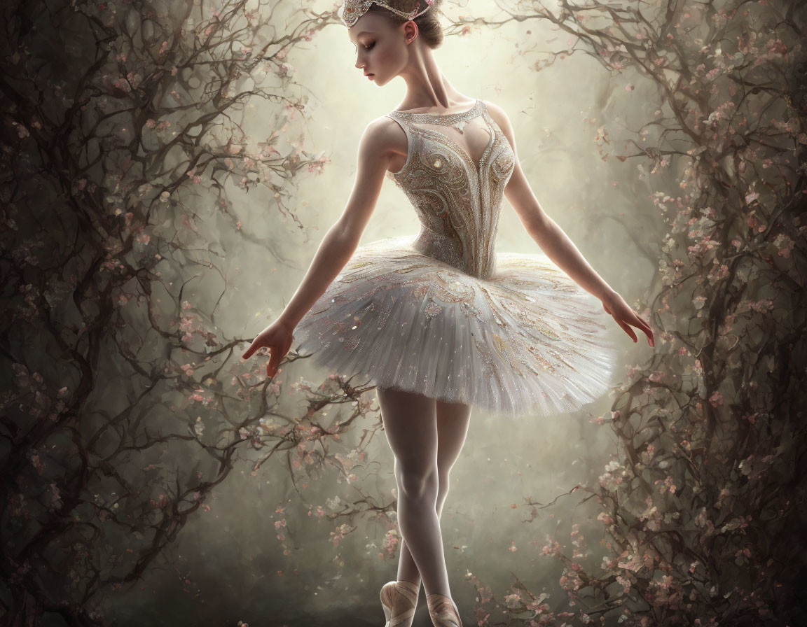 Graceful ballerina in ornate tutu poses en pointe among blooming branches