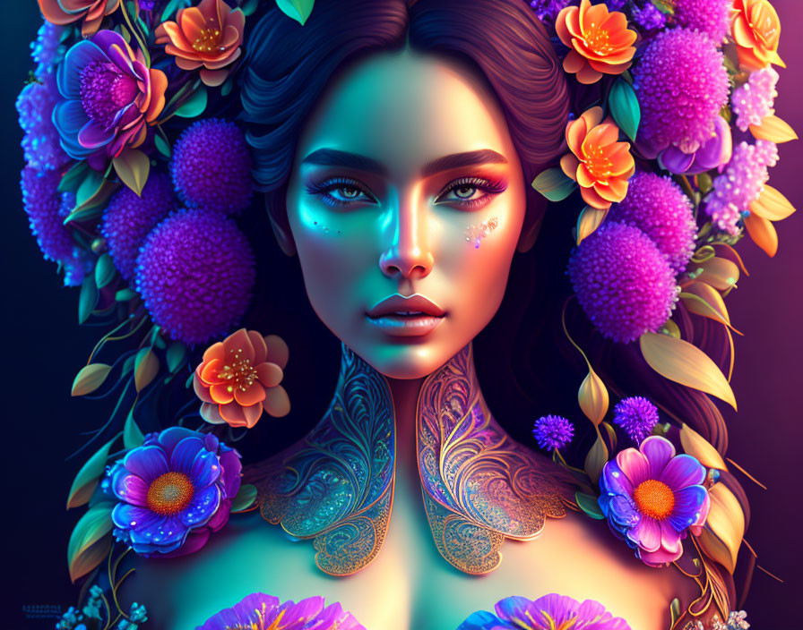 Colorful floral and body art portrait on dark background