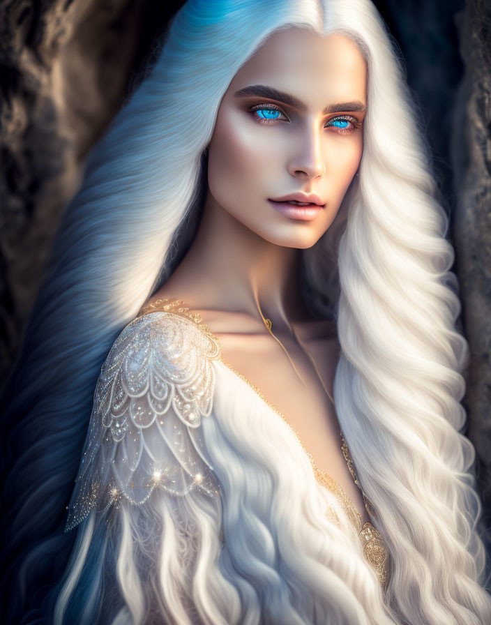 Woman with piercing blue eyes and long white hair in elegant gold and white garment