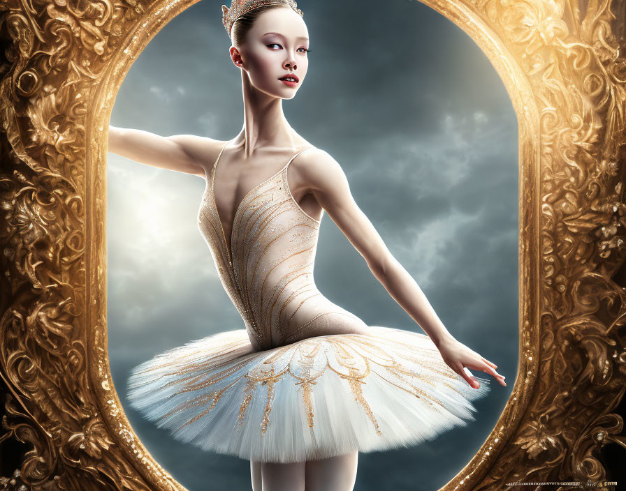 Elegant Ballerina in Golden-Beige Tutu and Ornate Mirror