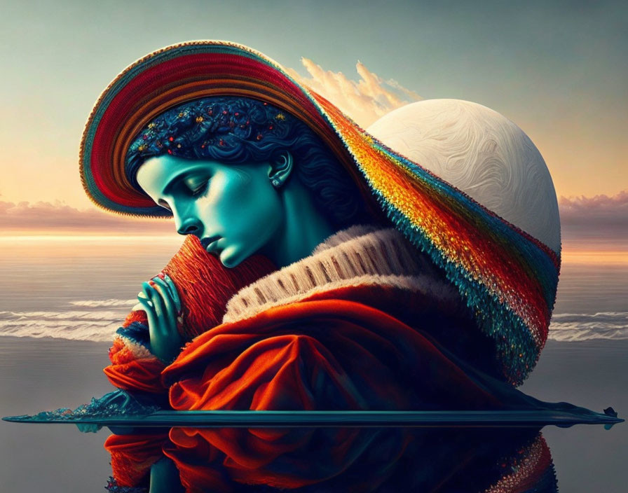 Vibrant digital artwork of blue-skinned woman with spear by moonlit sea