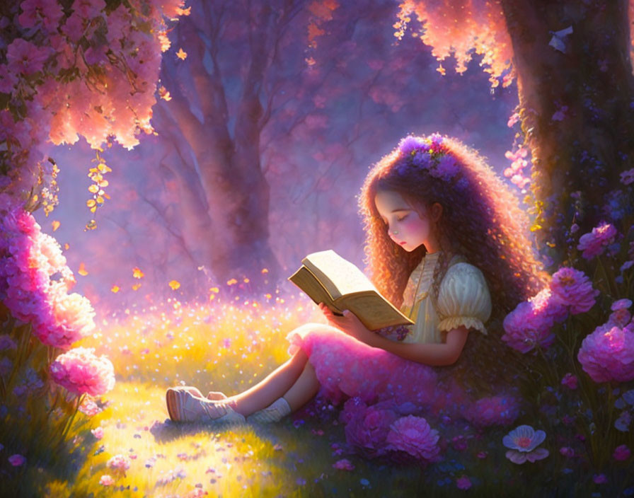 Young girl reading book in blooming garden with pink flowers and magical lighting