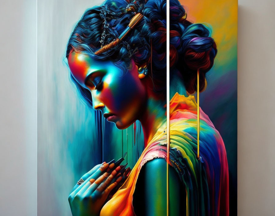 Vividly colored painting of a woman with blue skin and multicolored light effects on split canv