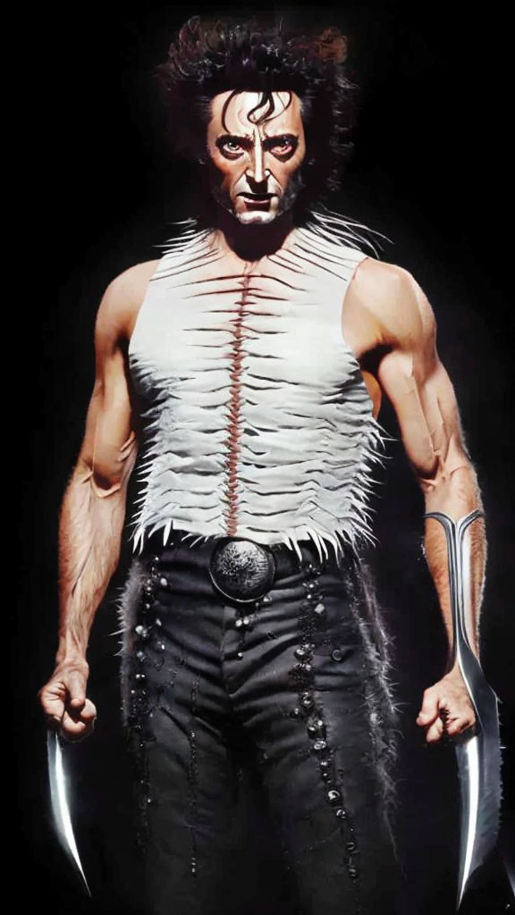 Muscular man with silver blades, intense gaze, dark background