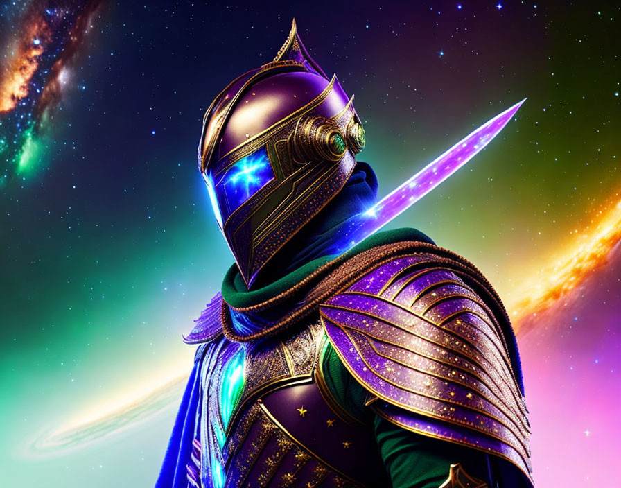 Knight in ornate armor with glowing sword against cosmic backdrop