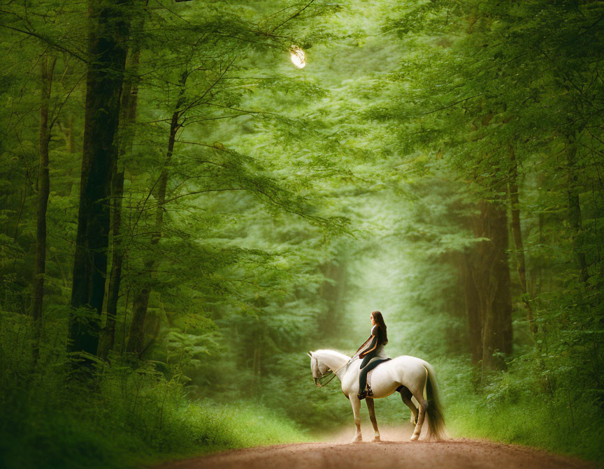 Woman riding white horse in forest path under dappled sunlight