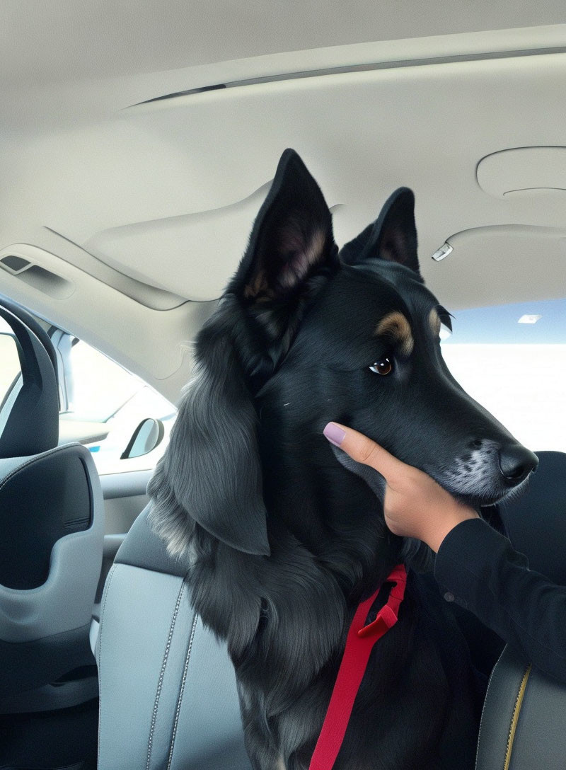 Black dog with attentive ears being petted in car backseat