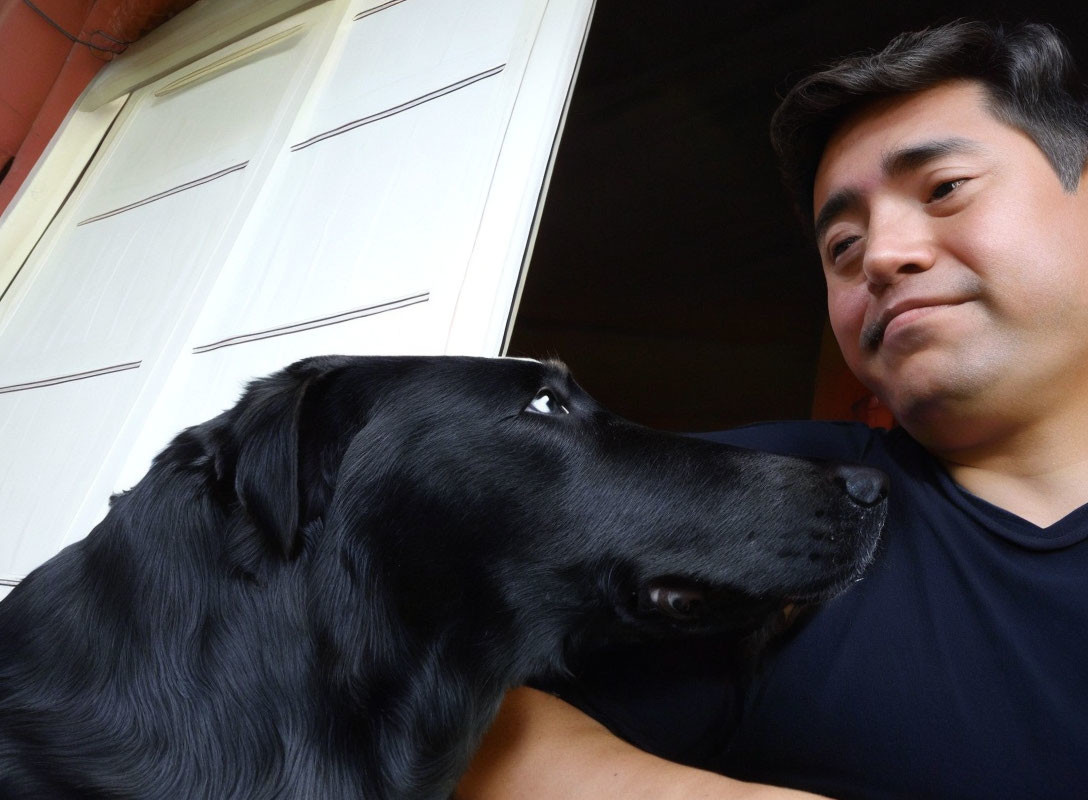 Man in dark shirt smiles at affectionate black dog.