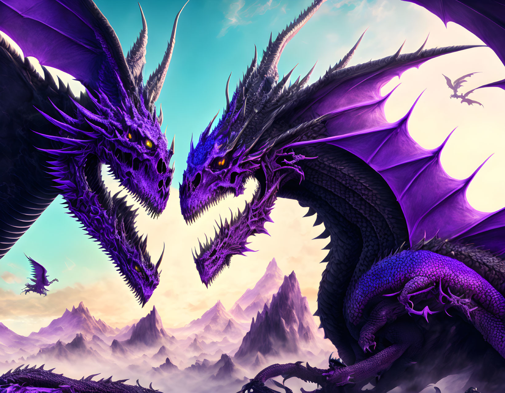 Majestic purple dragons facing each other with wings extended in mountainous dusk setting