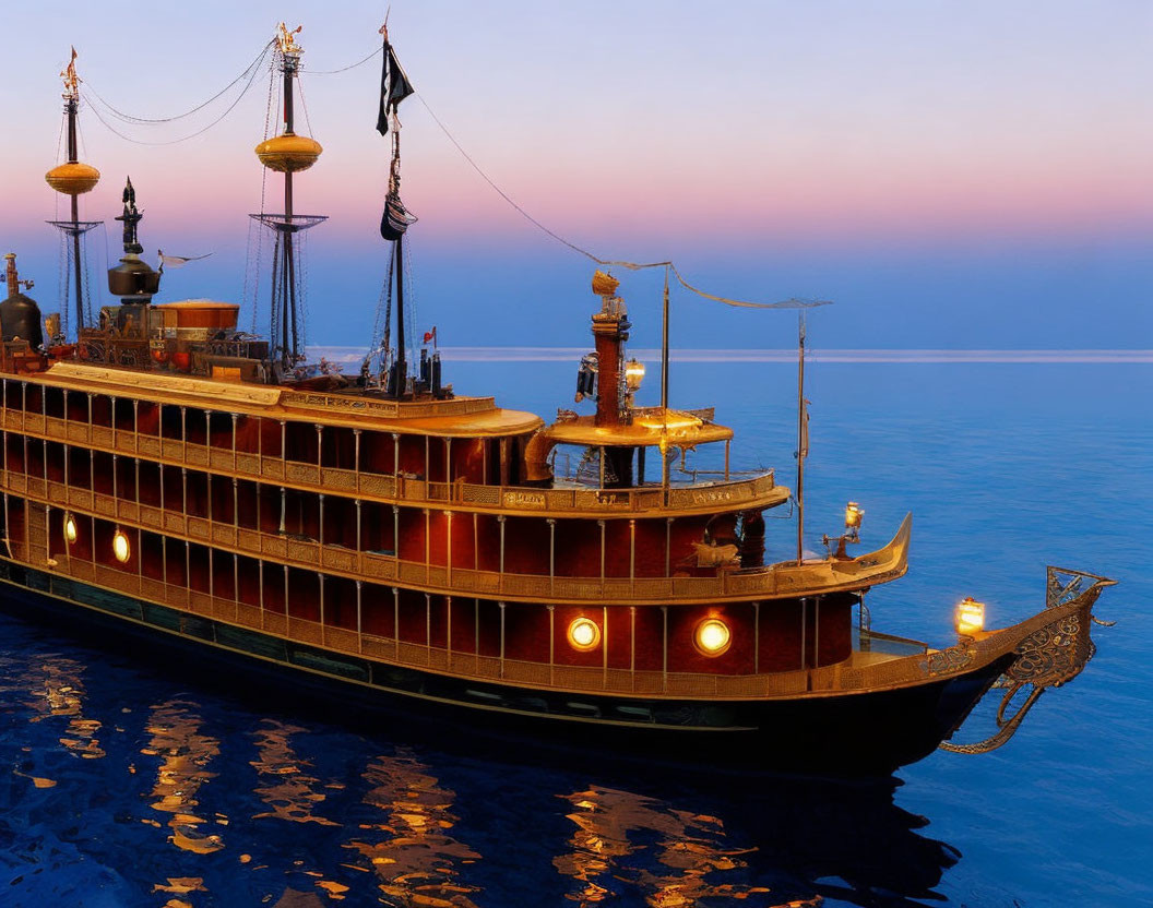 Ornate multi-decked ship with traditional detailing at twilight on calm seas