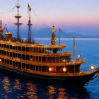 Ornate multi-decked ship with traditional detailing at twilight on calm seas