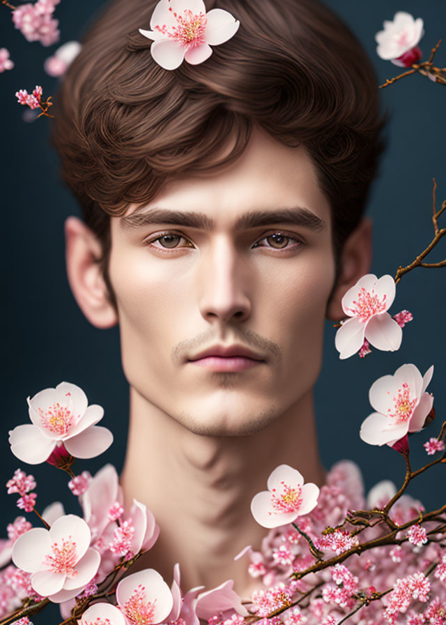 Detailed digital artwork of young man with cherry blossoms on dark blue background