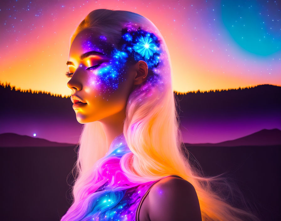 Colorful surreal portrait of a woman in galaxy theme against twilight backdrop