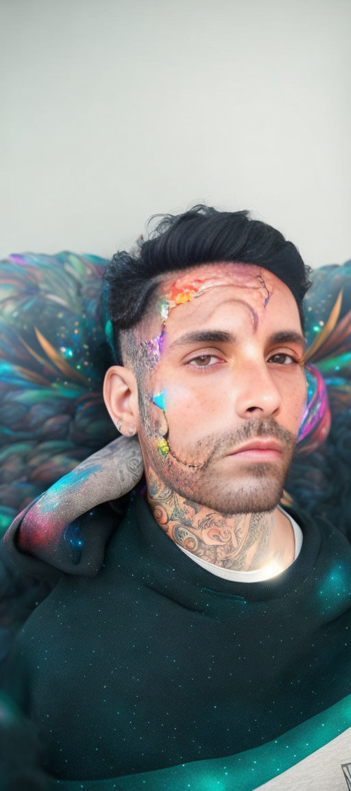 Man with Unique Haircut and Tattoos Covered in Colorful Paint Poses Against Psychedelic Back