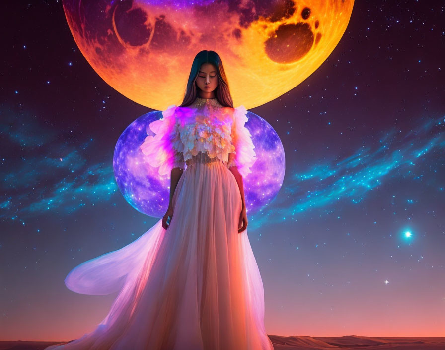 Woman in flowing dress under vibrant moon and stars in surreal backdrop