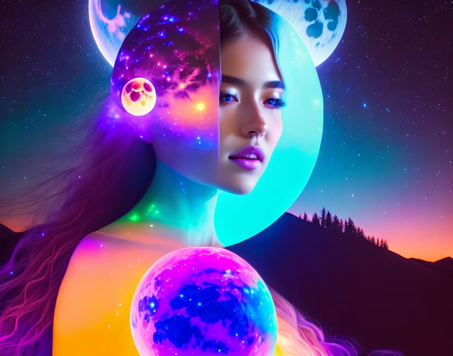 Portrait blending woman's face with cosmic elements and vibrant colors against surreal space-themed backdrop