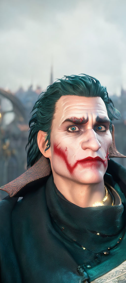 Stylized image of man with white skin, green hair, red face paint, black coat,