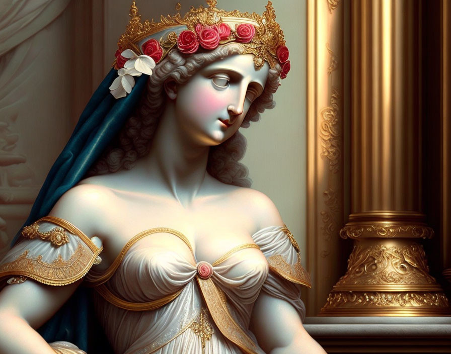 Regal woman with golden crown, blue veil, white gown, pink brooch