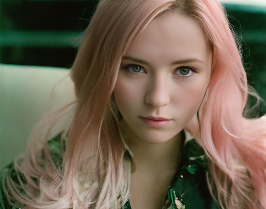 Pink-haired woman with blue eyes in green blouse gazes at camera