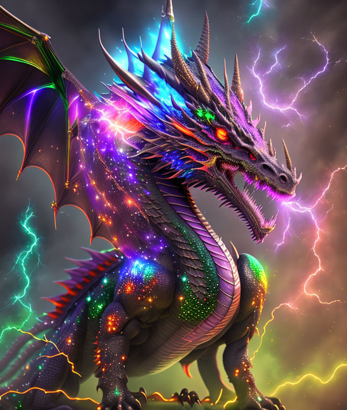 Iridescent dragon with large wings in stormy sky