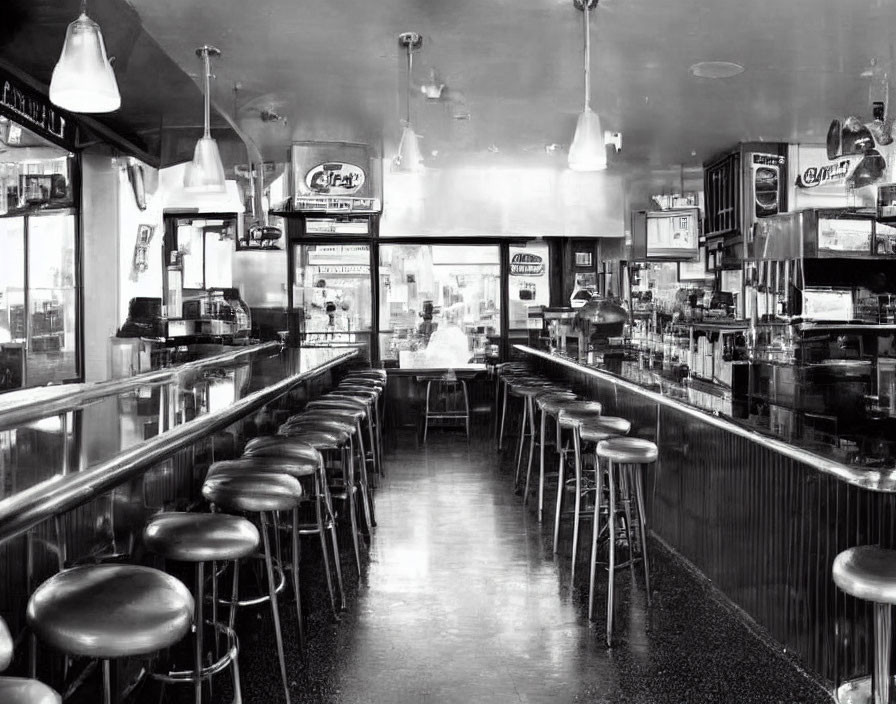 Vintage diner interior in black and white with bar stools and classic decor