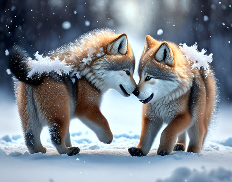 Animated foxes touching noses in snowy winter scene