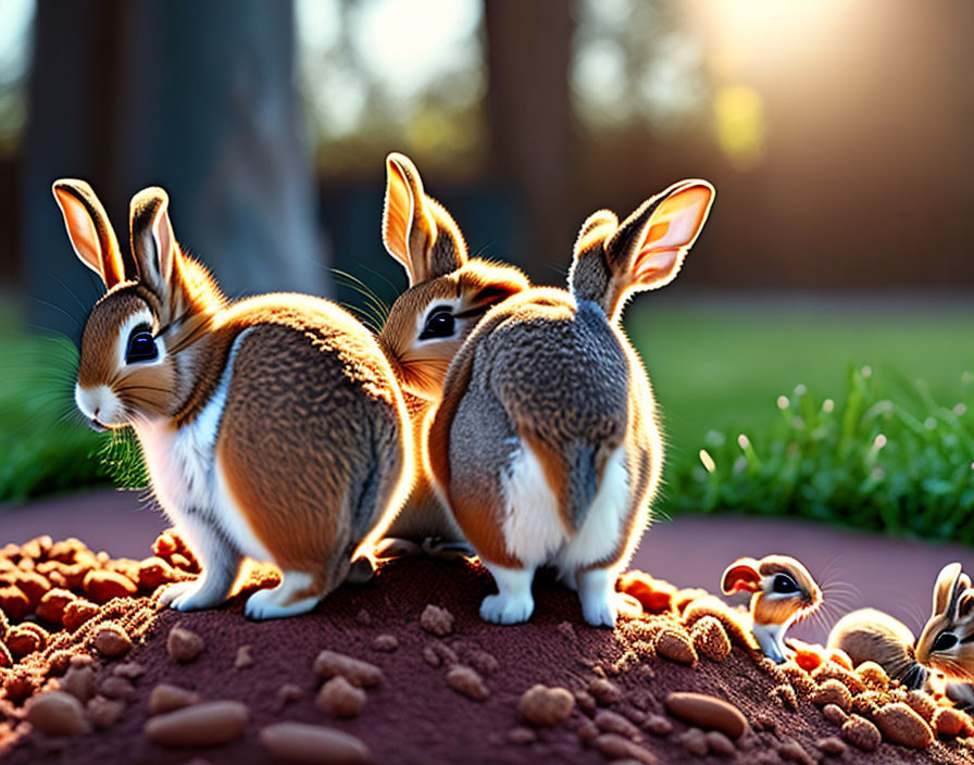 Three animated rabbits and a miniature squirrel in golden sunlight with curious rabbit.