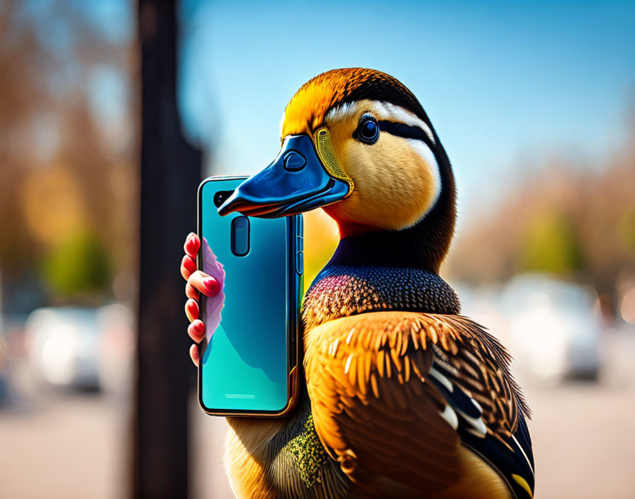 Colorful Duck Holding Smartphone Against Blurry Background