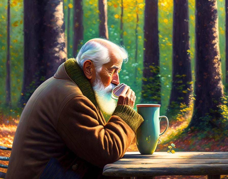 Elderly man with white beard drinking coffee in forest setting