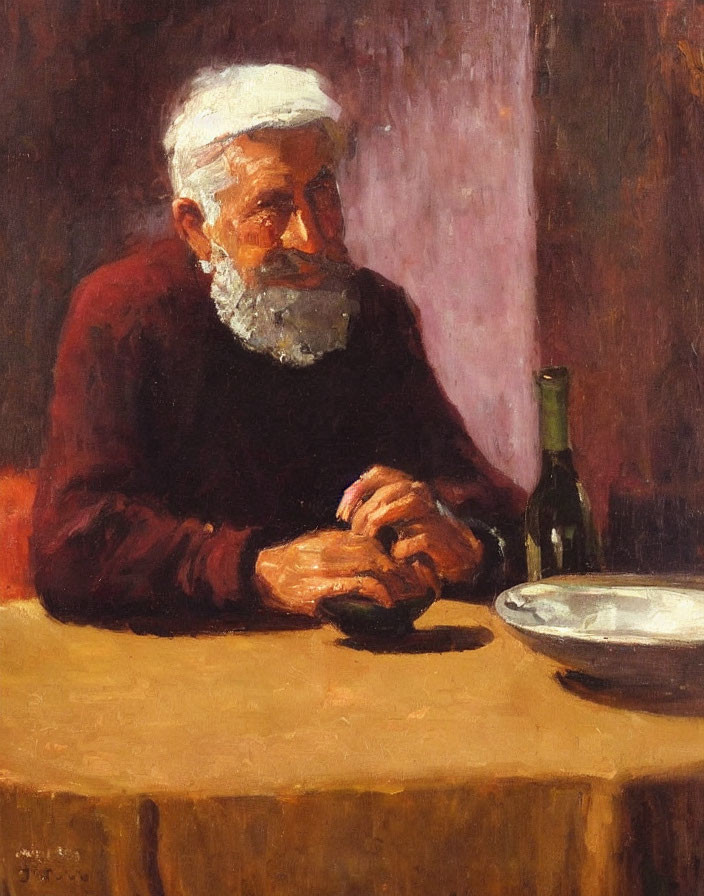 Elderly man in red sweater sitting at table with bottle and plate.