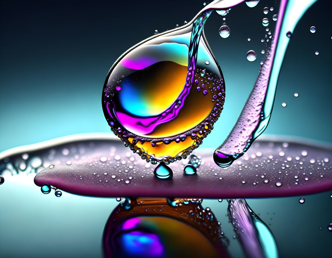 Vibrant water droplets in purple, orange, and blue on reflective surface