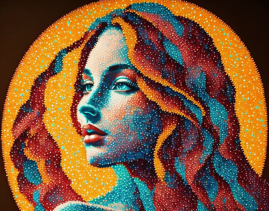 Vibrant pointillist portrait of a woman with flowing hair on circular background