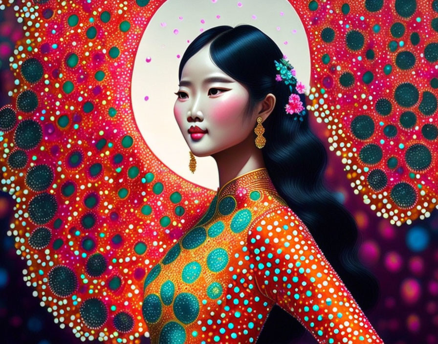 Digital artwork of East Asian woman in traditional attire with floral hairpiece