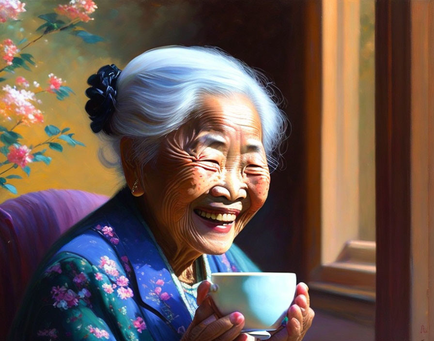 Elderly woman in blue kimono holding cup in sunlight