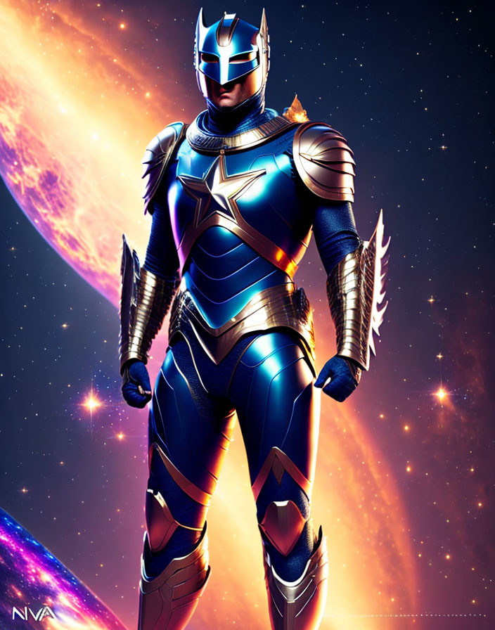 Armored superhero in glowing blue suit with cosmic background and small bird on shoulder