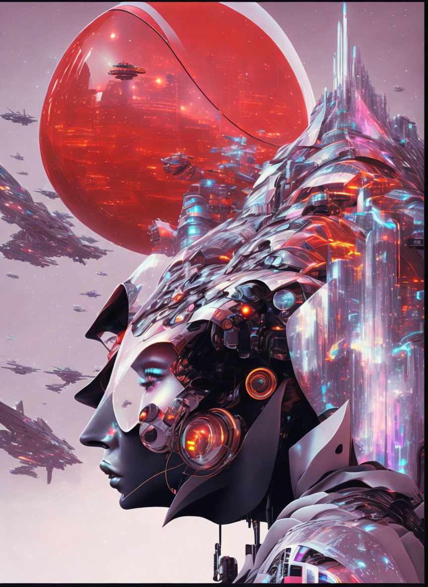 Cybernetic female face with cityscape and ships in crimson sky