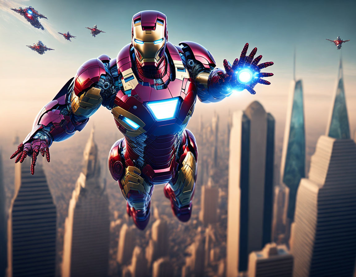 Superhero in flight with activated repulsor rays amidst drones over futuristic cityscape