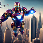 Superhero in flight with activated repulsor rays amidst drones over futuristic cityscape