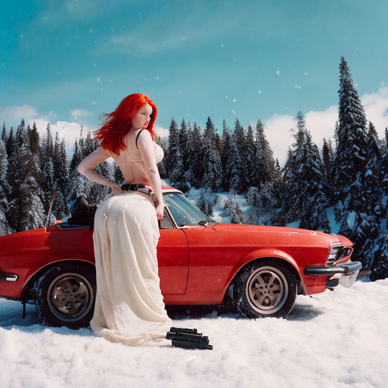 Red-haired woman on vintage car hood in snowy landscape with pine trees