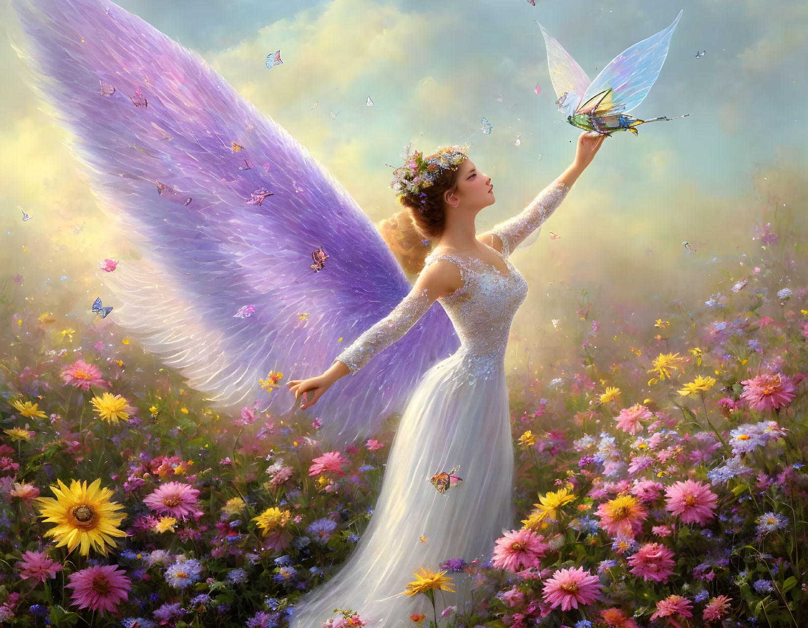 Woman with purple wings and floral crown surrounded by butterflies and flowers