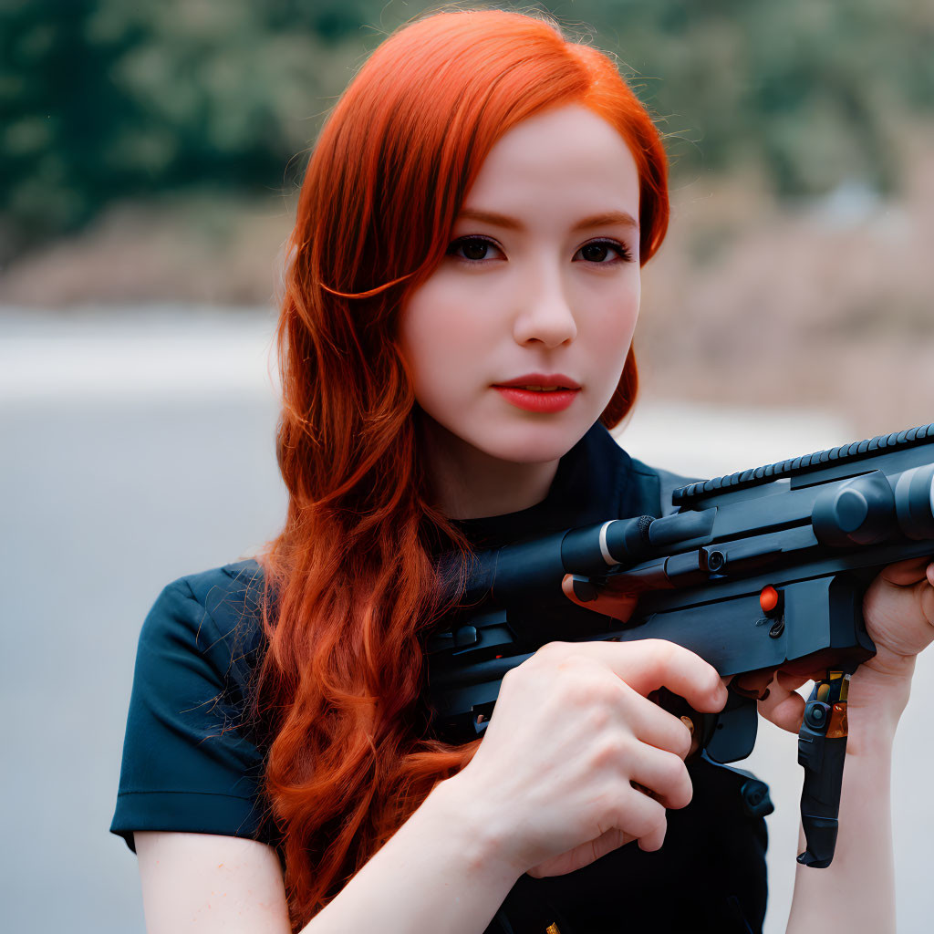 Red-Haired Woman Holding Rifle in Black Outfit