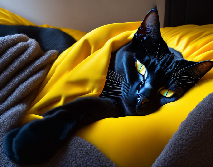 Black Cat with Yellow Eyes Resting on Yellow Pillow next to Cozy Blanket