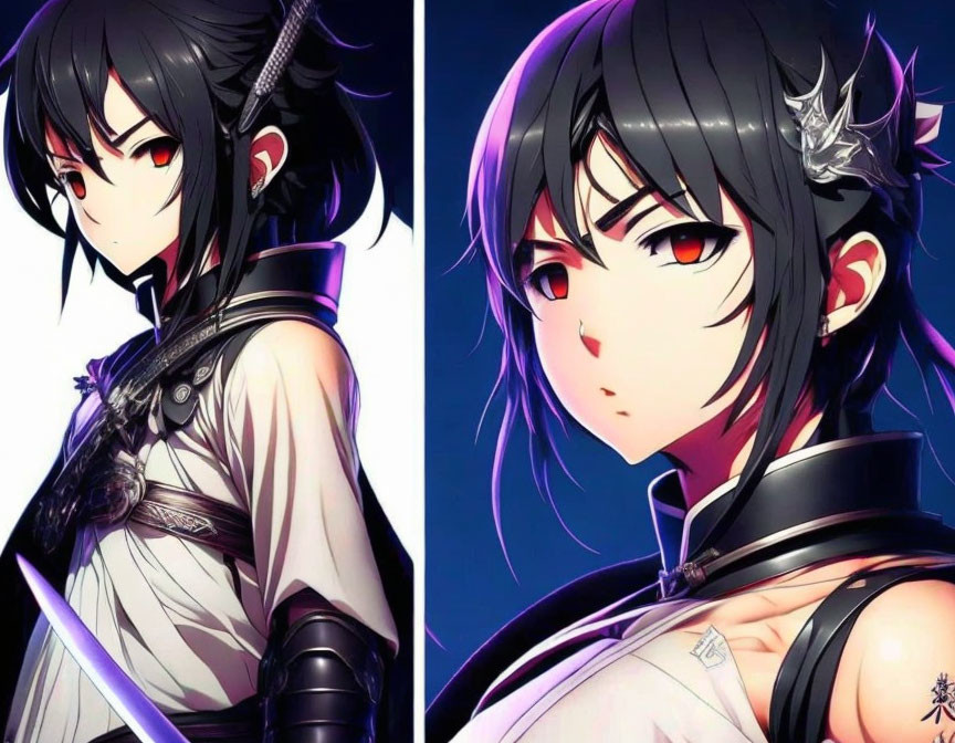 Female anime character with black hair and red eyes in dark armor: profile and front view