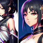 Female anime character with black hair and red eyes in dark armor: profile and front view