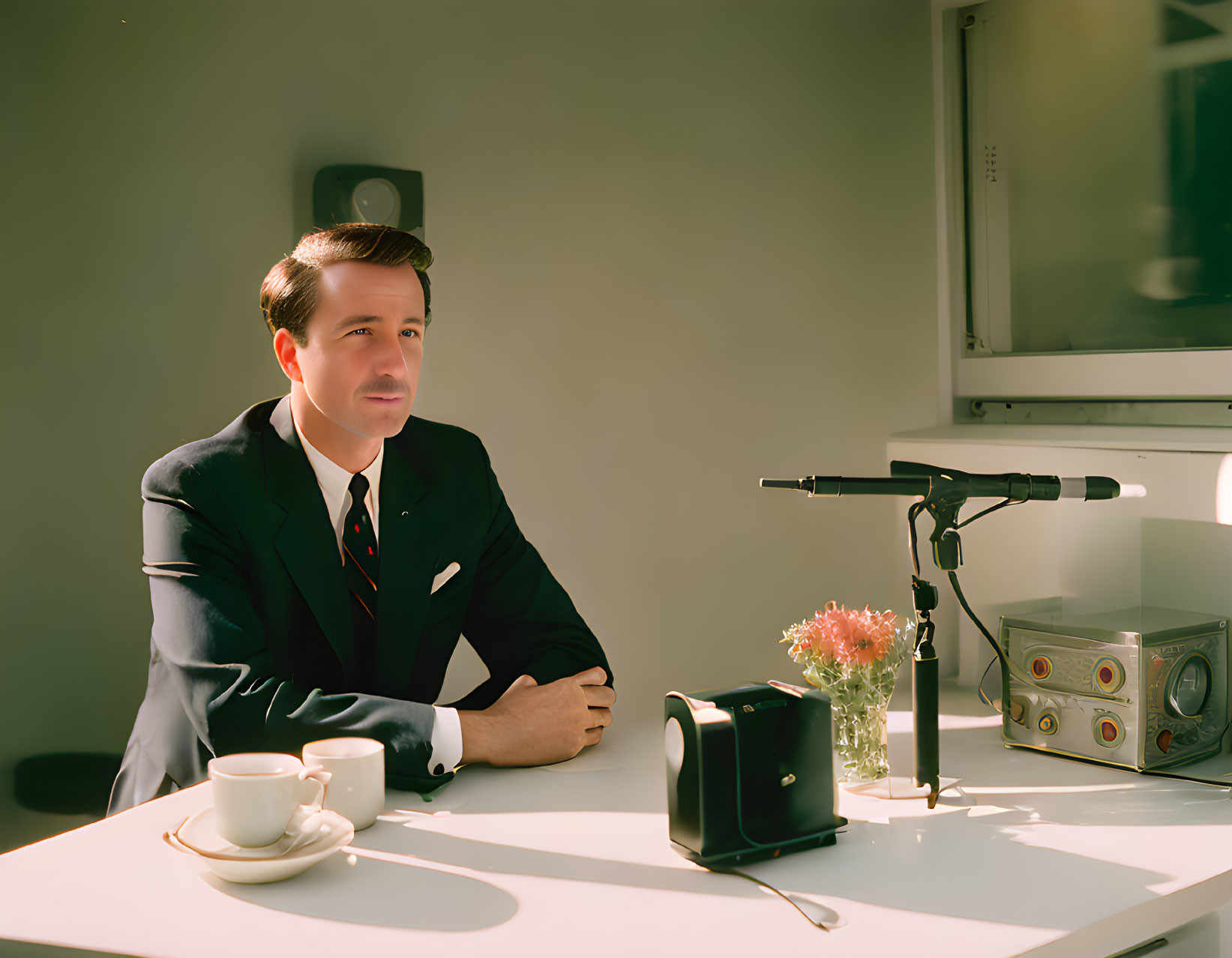 Vintage Suit Man with Microphone, Coffee, and Radio at Sunlit Table