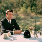 Vintage Suit Man with Microphone, Coffee, and Radio at Sunlit Table