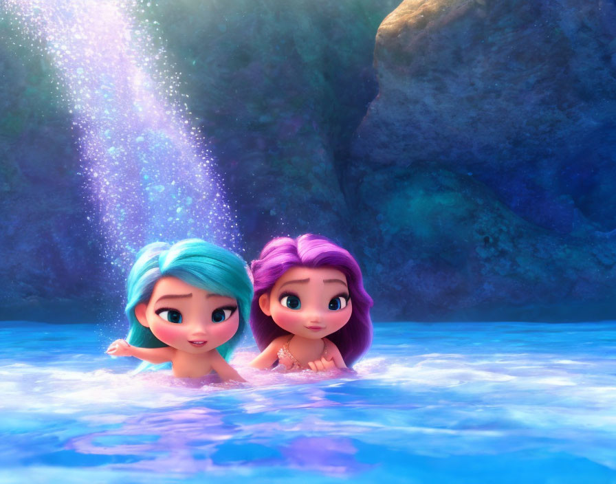 Blue and Purple Haired Animated Characters Swimming in Luminous Water with Cave Background