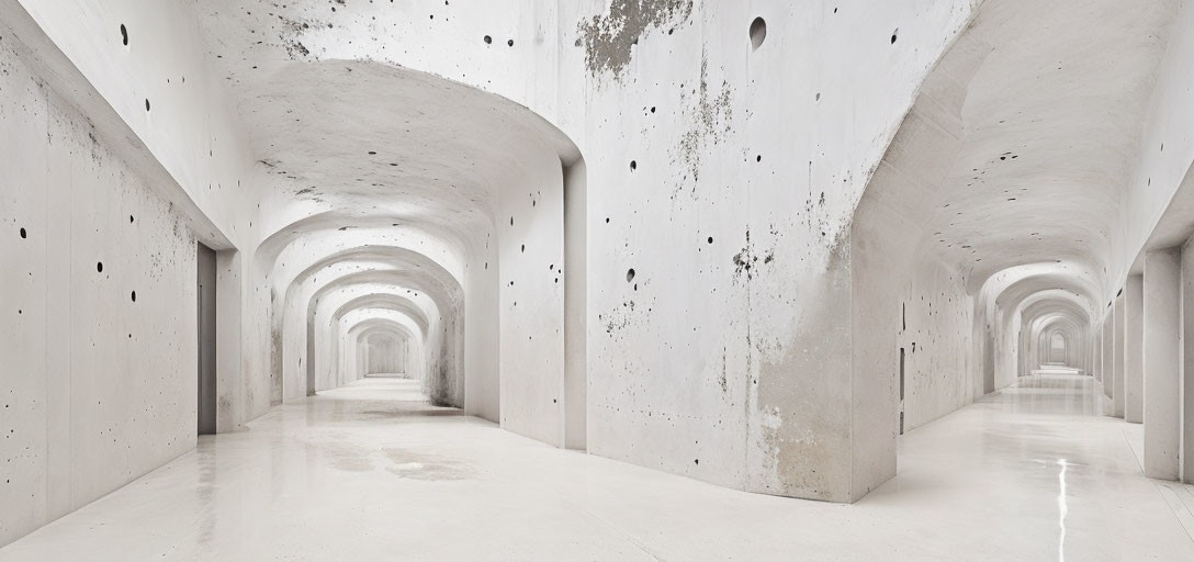 White-walled corridor with arched ceilings and circular openings